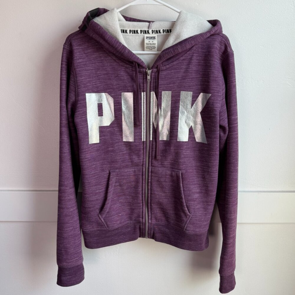 Victoria's Secret Pink Heathered Purple & Silver Logo Full Zip Jacket